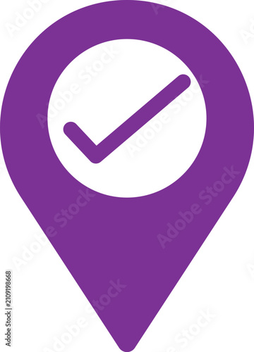 Purple map location pin with check mark on white background