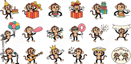 Photography Retro Groovy Monkey Birthday Party Mascot Character Sticker Set with Cute Cartoo