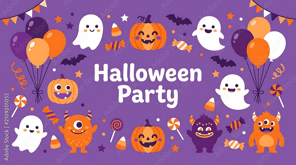 Fototapeta premium Halloween party with colorful ghosts and pumpkins illustration , Happy halloween 2026, Halloween 2026, Halloween, Halloween design, Halloween Poster Design .