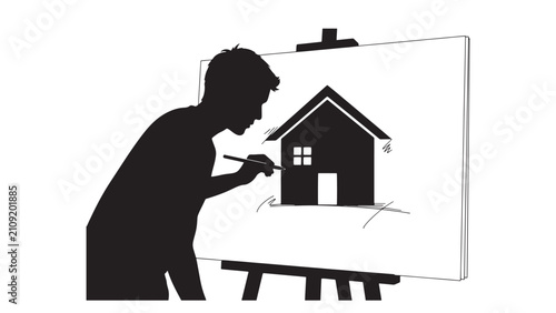 Silhouette of architect sketching a house design on easel for property planning and renovation concept