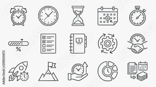 Canvastavla Modern Black and White Line Icons Set Featuring Time Management Productivity Bus