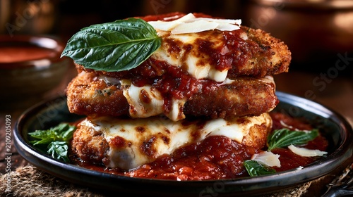 A premium Chicken Parmesan collection featuring crispy breaded chicken, bubbling mozzarella, parmesan shavings, rich marinara sauce, basil leaves, artisan ceramics, Italian textures