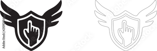 Bild auf Leinwand Hand clicking winged shield vector icon filled and outline, reliable asset defense and instant security symbol