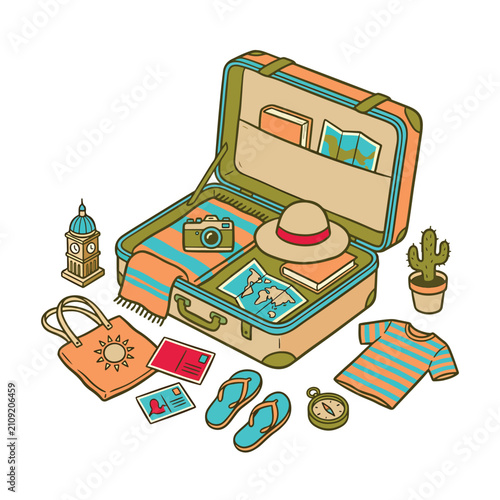 Photography Open Suitcase with Travel Accessories.
