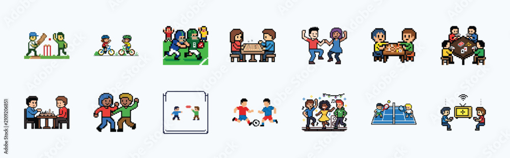 Obraz premium Recreational sports and board games pixel art set for leisure and competition activities.