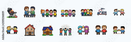Set of pixel art icons depicting various outdoor lifestyle social activities and gatherings.