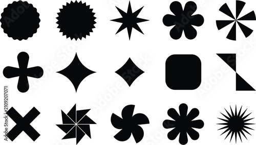 Obraz na płótnie Geometric shape silhouette vector set featuring stars flowers badges burst cross
