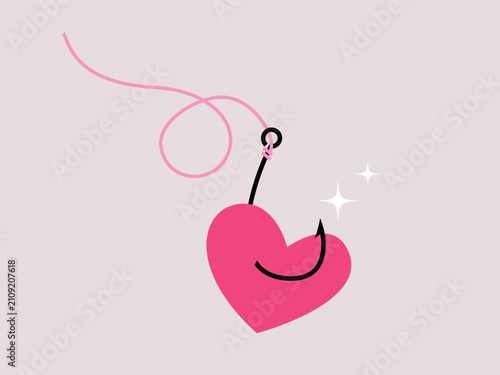 Dating scam, fraud, Ssharp fish hook with heart and pink fishing line