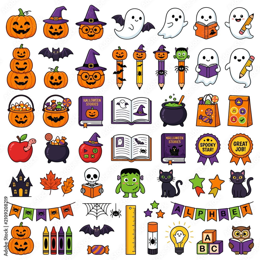 Fototapeta premium Halloween, Cute Halloween school supplies and stationery vector set, spooky classroom icons with pumpkins and ghosts, educational autumn clip art collection isolated on White Background