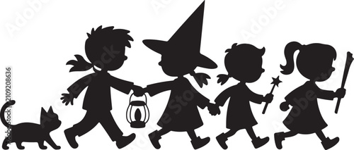 Fotografía Children and witch trick or treating with jack o lantern