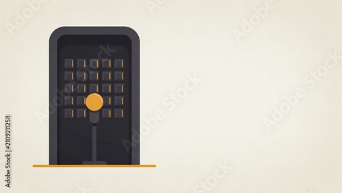 Minimalist graphic illustration featuring dark grid panel with centered golden sphere with displays minimalist flat sphere positioned stand with vector graphic