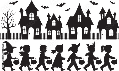 Obraz na płótnie Halloween kids trick or treating with haunted houses