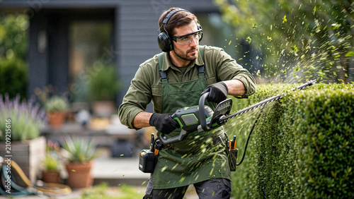 A professional male gardener wearing safety gear trims a lush green hedge with a cordless electric trimmer in a beautiful residential backyard garden.
