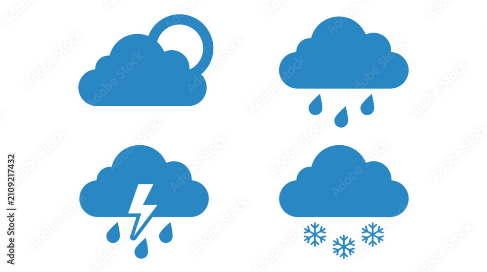 Obraz premium Blue Rain Clouds Pattern With Falling Raindrops on White Background. Seamless Weather Illustration