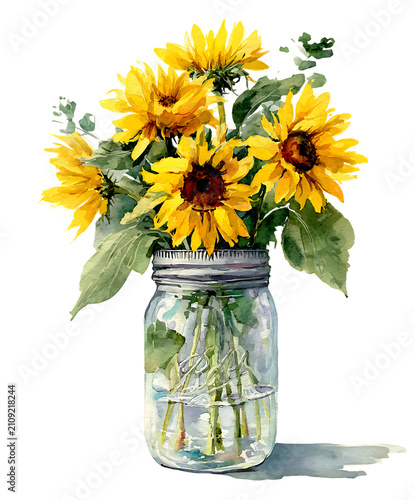 Bright Yellow Sunflower Bouquet in a Clear Glass Vase Isolated on White Background with Fresh Summer Floral Decoration Concept