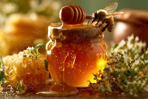 Golden honey in a jar with a bee and flowering herbs, showcasing nature's sweetness and purity