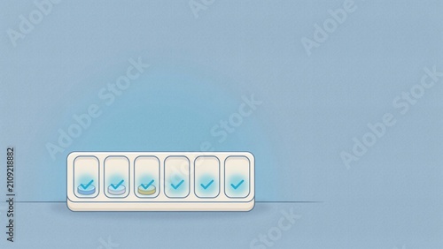 Digital illustration showing a row of six approved checkmarks on a light blue background with rounded boxes with displays horizontal row, boxes