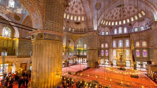 Timelapse inside the Blue Mosque in Istanbul Turkey featuring ornate Ottoman Islamic architecture