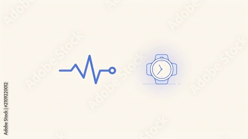 Minimalist heartbeat pulse line beside simple analog wristwatch icon against clean light background with arranged symmetrically clean blue heartbeat graphic