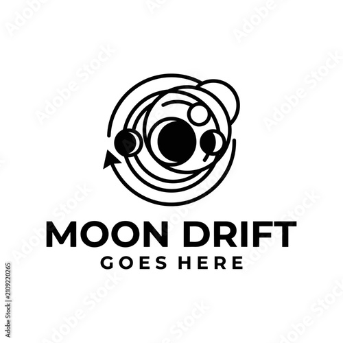 Minimalist black and white logo showing planetary orbits and moon cycles for space and science brands.