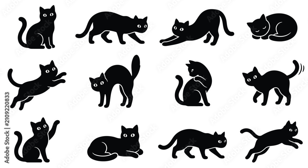 Fototapeta premium Black Cat Silhouettes Collection Vector Illustration On White Background
