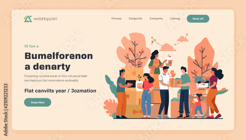 Картината върху платно A flat illustration showing a diverse group of people, including adults and a child, collaboratively handling numerous cardboard boxes, suggesting moving, packing, or donation activities