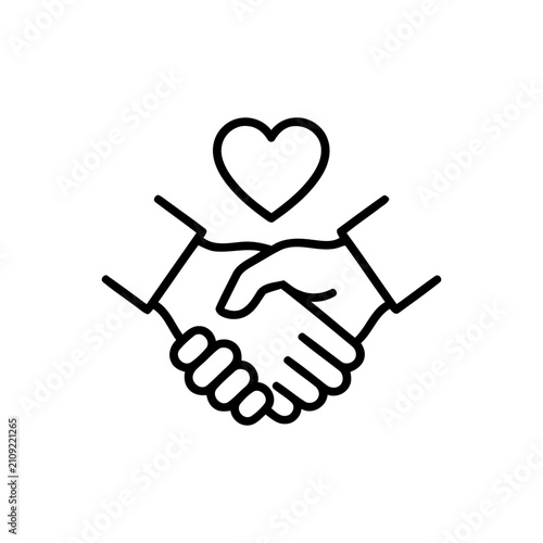 A line art icon illustrating a handshake and a heart symbol above it, representing partnership, reconciliation, friendship, or mutual respect.