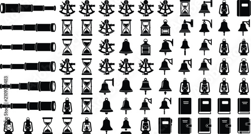 Vintage Navigation and Timekeeping Silhouette Icon Set with Telescope Bell Lantern and Books