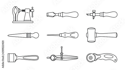 Fotografía Leathercraft tools collection, professional leather working equipment set in lin