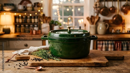 Green enameled cast iron dutch oven on rustic wooden table in warm cozy farmhouse kitchen.