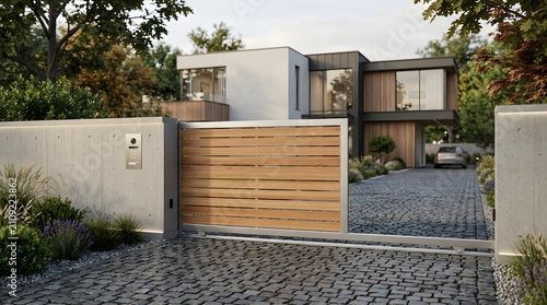 Modern sliding wooden gate for luxury residential house with cobblestone driveway and wall.