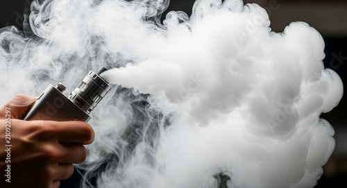 Hand holding electronic cigarette emitting thick white vapor. Close-up of a vaping device against a dark background. Smoking alternative concept, ideal for health awareness or vape retail marketing.