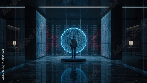 Person standing in front of glowing digital art installation