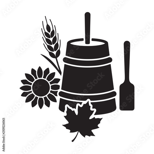 Foto Vintage butter churn tool with wheat stalks sunflower and maple leaf autumn harvest symbol graphic