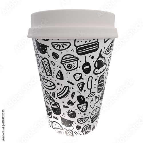 Realistic Coffee Cup with Hand Drawn Doodle Texture 3D Render