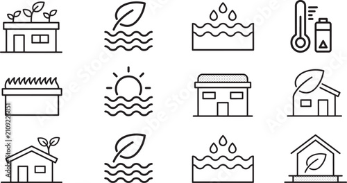 Set of simple eco friendly house icons for sustainable architecture design featuring solar power smart home and green energy solutions on transparent background.