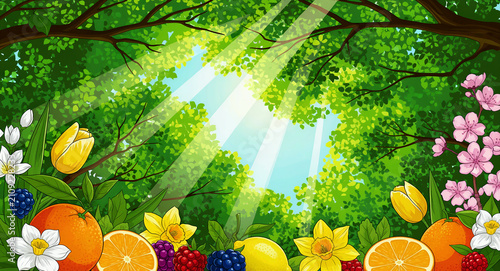 Bright illustration of fresh fruits and spring flowers under a lush green forest canopy. Sunbeams shine through tree branches onto citrus and berries. Seasonal nature background design concept.