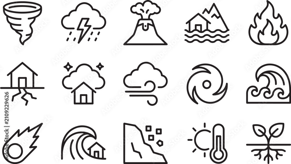 Obraz premium Collection of disaster and weather hazard outline icons representing natural cataclysms and extreme environment events in simple monochromatic line art vector.