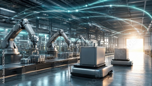 Futuristic industrial automation photo with robotic arms operating on a high-tech assembly line in a modern factory setting, showcasing smart manufacturing technologies and innovative industry solutio