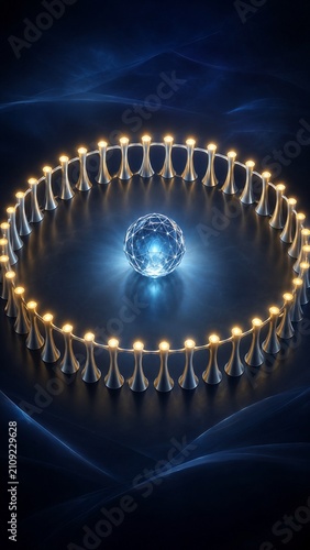 Vertical futuristic digital artwork with geometric crystal sphere surrounded by illuminated abstract structures creating ethereal ambiance for technology concept applications