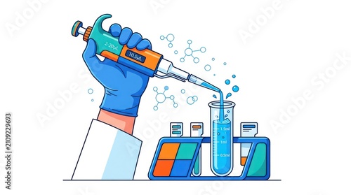 Scientist pipetting blue liquid into test tubes. Lab technician conducting precise chemical analysis with micropipette in modern research facility.