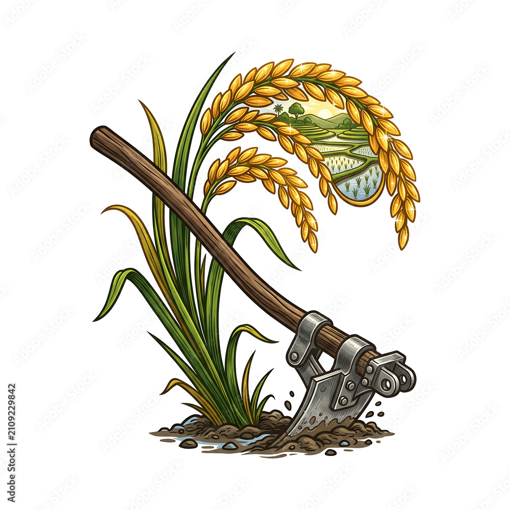 Fototapeta premium Golden Rice Paddy and Hoe Agriculture Illustration.