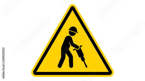 Fotografie Yellow Triangle Caution Sign With Laborer Operating Pneumatic Drill For Roadwork