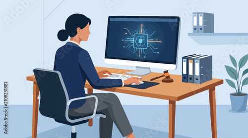 Legal professional using AI and technology in a modern office setting