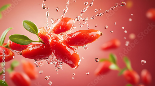 Fresh red tomato with water drops splashing in clean water macro closeup isolated on white background