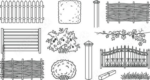 Foto Garden Fence Collection with Wooden, Wattle, and Wrought Iron Fences, Bushes, Po