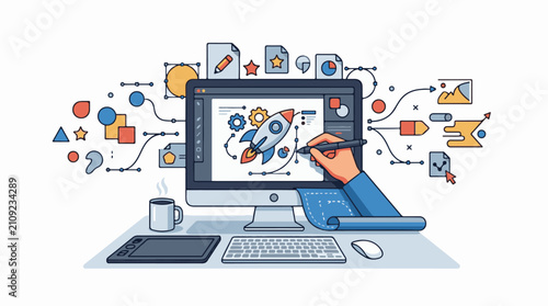 Digital artist creating a rocket design on a computer