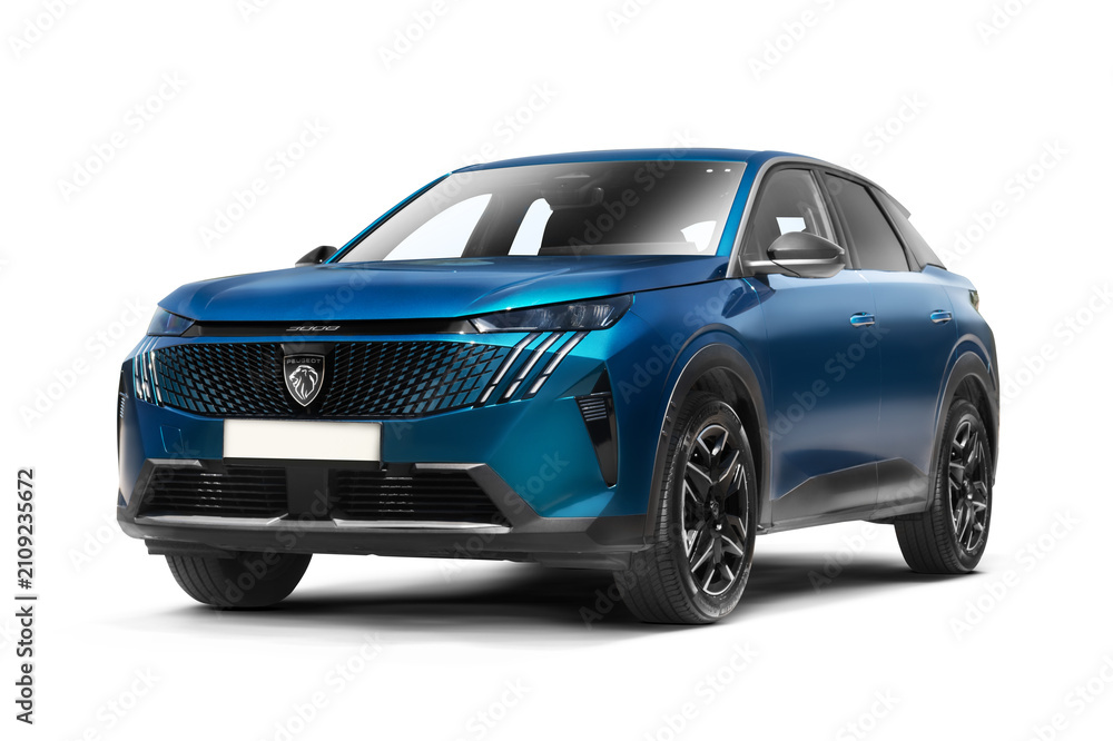 Obraz premium Front Left View of Bluish Green Peugeot 3008 SUV