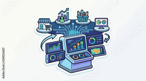 Digital data analysis system with store people basket and computer displays