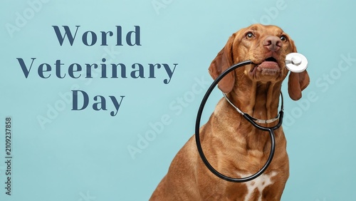 World veterinary day conceptual image featuring a vizsla dog with stethoscope